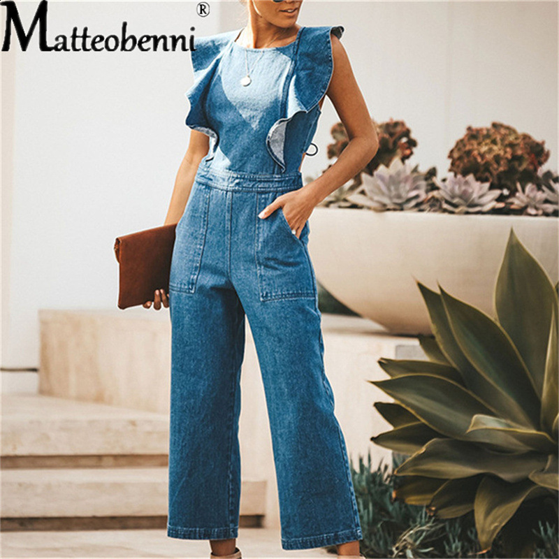 Women Elegant Ruffles Lace Up Backless Playsuits Denim Pockets Short Jumpsuits Summer Sexy Beach Romper 210428