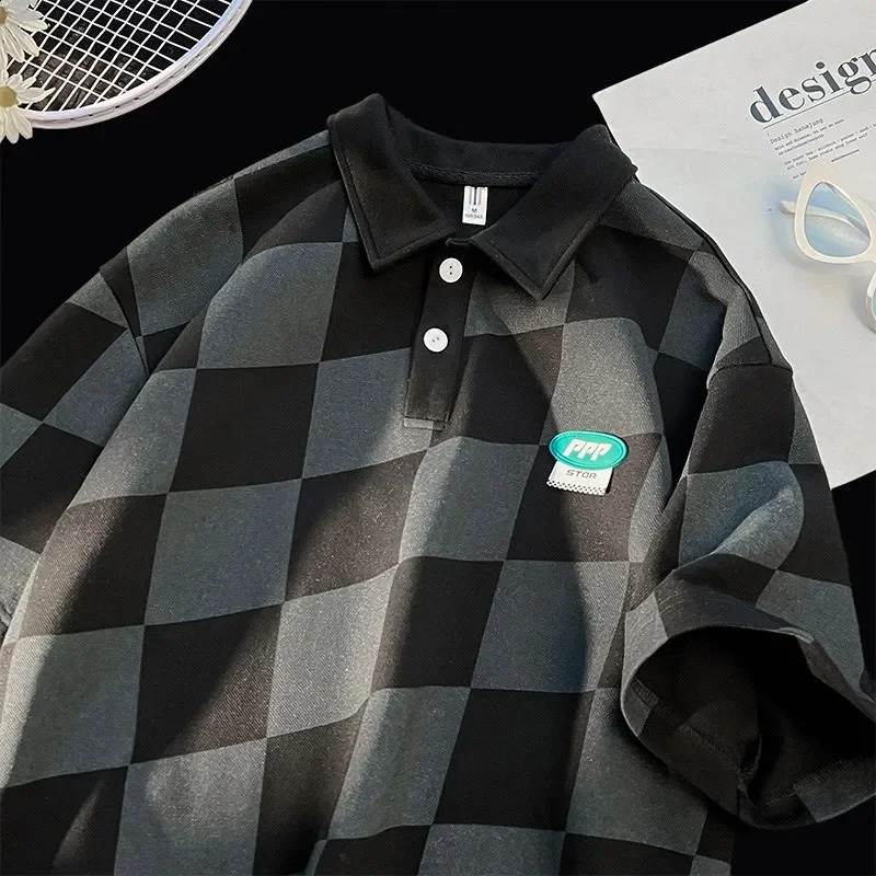 Trendy Polo Shirt Mens Summer Plaid Short Sleeves Casual Lapel T-shirt Youth Versatile Mid-sleeve Ins Hong Kong Style 240816