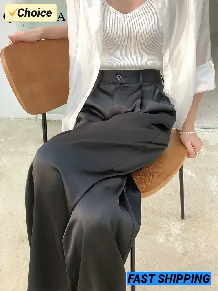 SpringSummer Silk Satin Womens Pants Wide Legs High Waist Casual Black Korean Fashion Set 240819