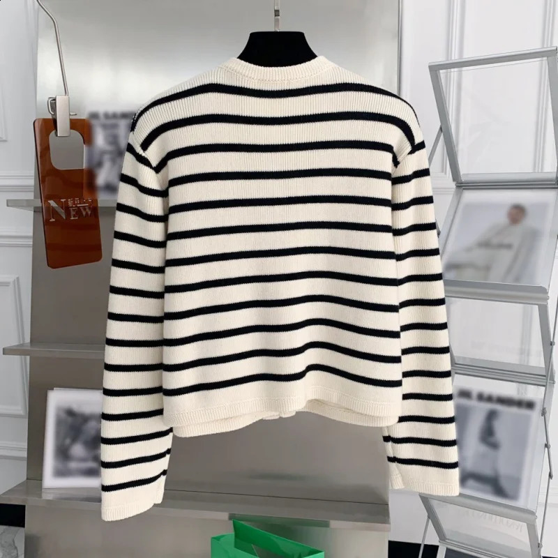 Womens long sleeved round neck button up front striped knitted cardigan wool sweater 240819
