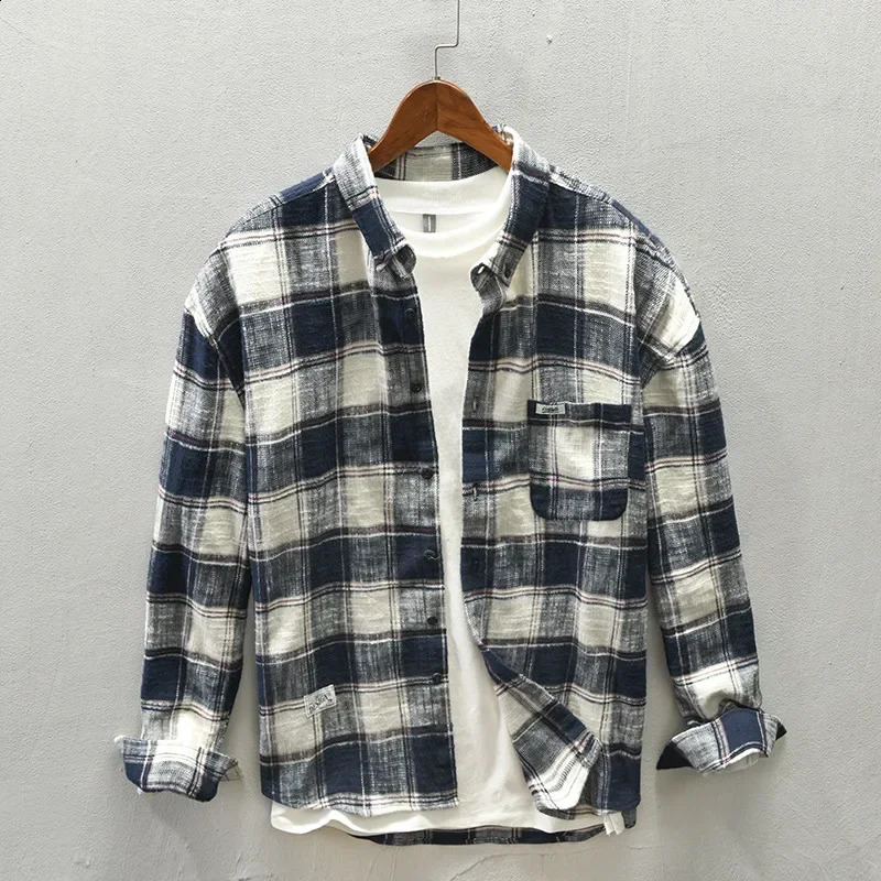 Men Clothing Japanese Striped Plaid Spring Autumn Long-sleeved Shirt Mens Casual Loose Top Youth Cotton Shirt Coat 2