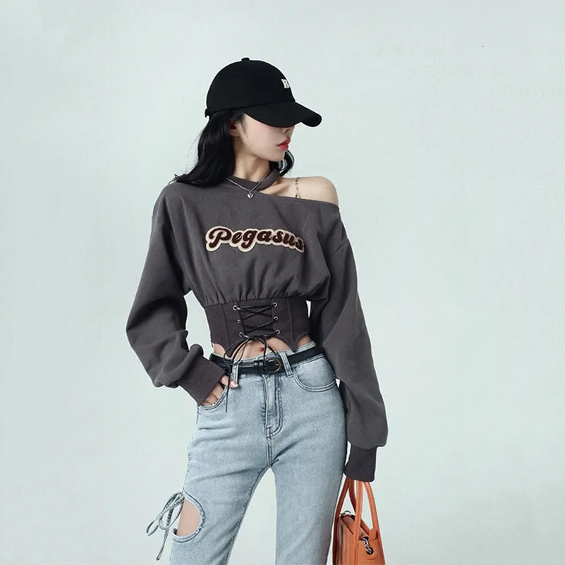 Harajuku Cropped Women Sweatshirt Autumn Crop Tops Y2k Pullover Off Shoulder Hoodies Clothes Streetwear Fashion Tees 240816
