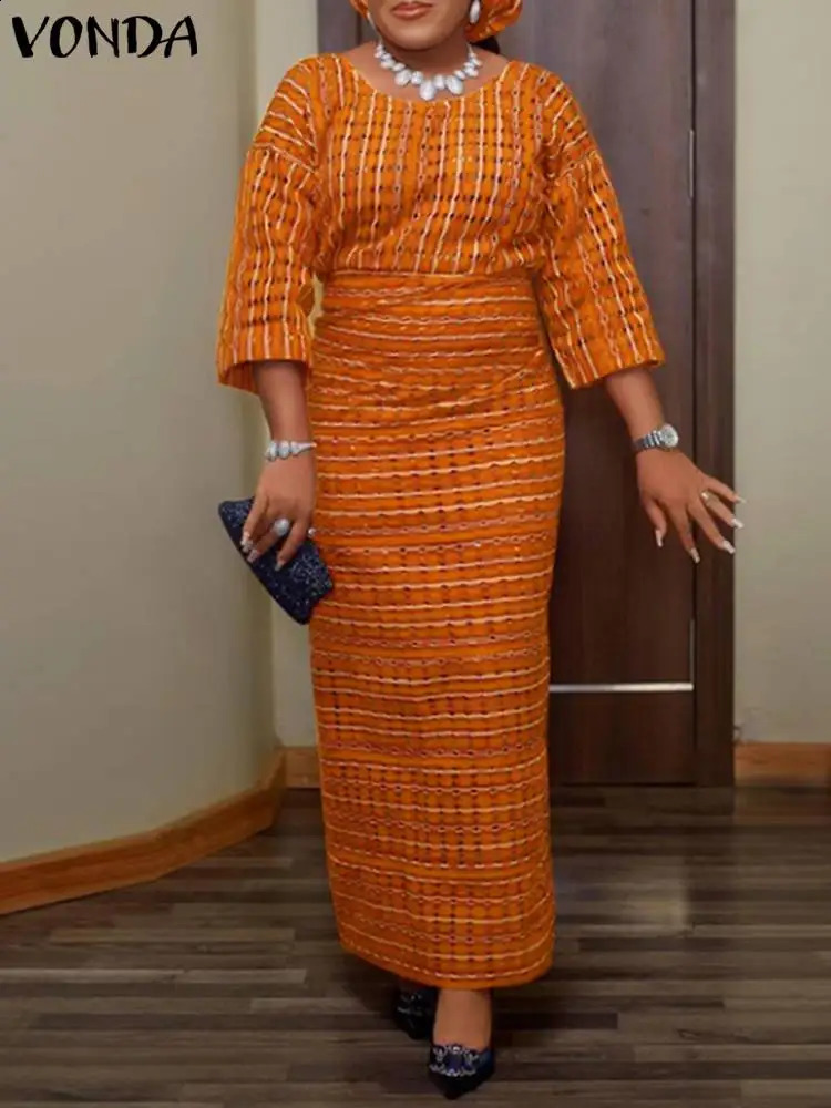 Plus Size 5XL VONDA Vintage Printed Maxi Dress Women Fashion 3/4 Sleeve Bohemian Party Vestidos Autumn Casual Long Sundress 240819
