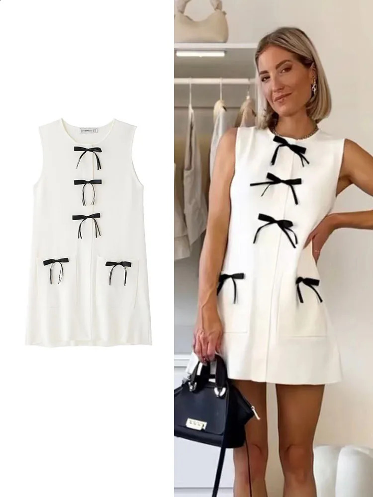 TRAF Summer Womens Knitted Sleeveless Mini Dresses Fashion Female Solid O-neck Bow Dress Sweet Girls Lovely Pockets Dress 240819