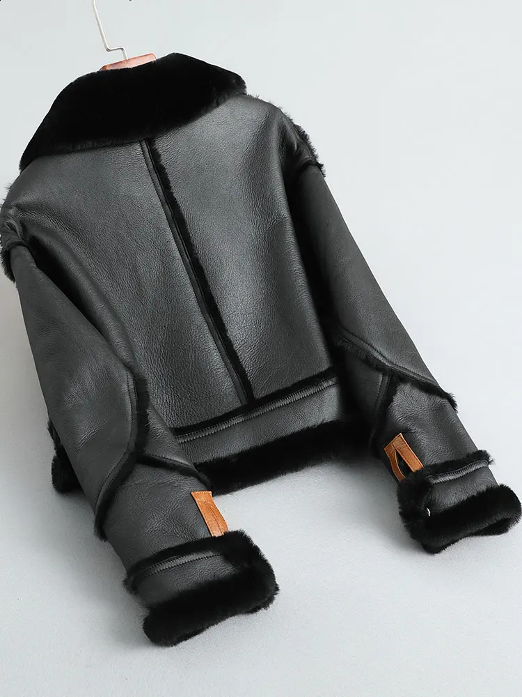 Winter womens real wool leather jacket short motorcycle coat thick warm lining ious natural 240814