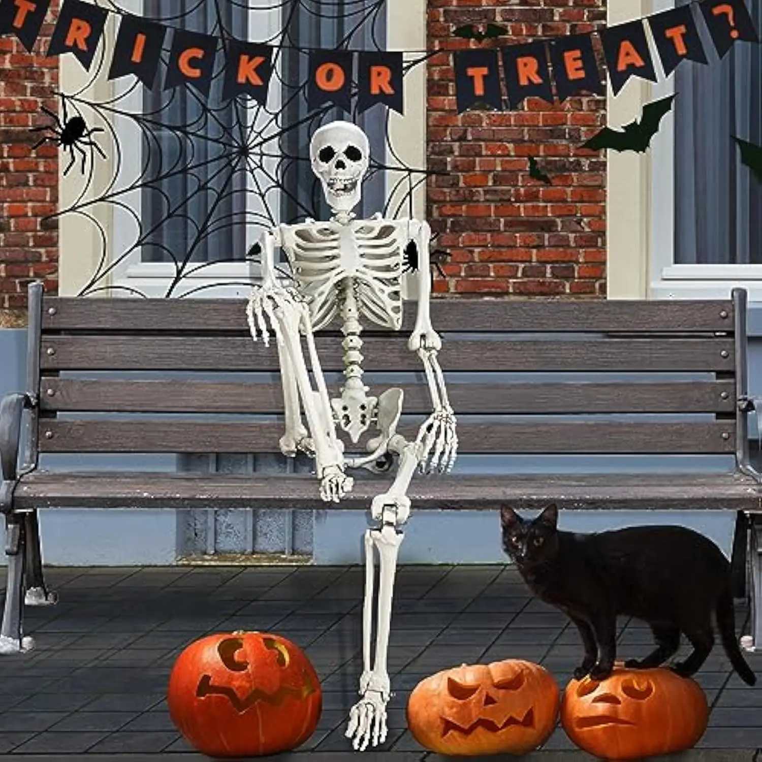 New 165cm Halloween Life Size Skeleton Plastic Skeleton Poseable Joints Realistic Skull Human Bones Cemetery Haunted House Decor CL240819