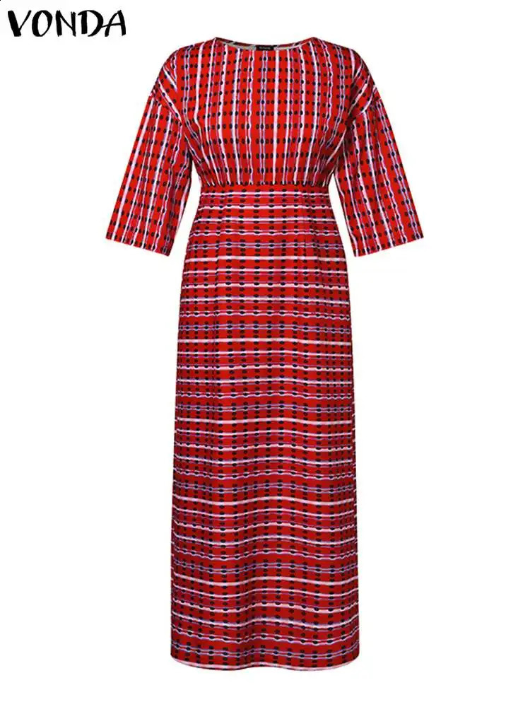 Plus Size 5XL VONDA Vintage Printed Maxi Dress Women Fashion 3/4 Sleeve Bohemian Party Vestidos Autumn Casual Long Sundress 240819