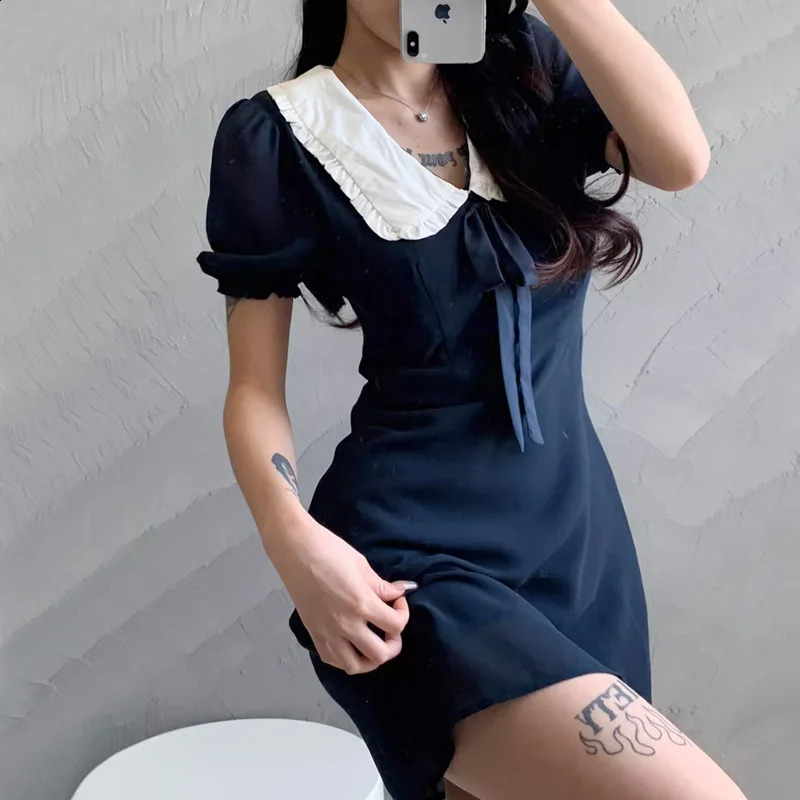 Women Oversized Collar Puff Sleeve Mini Dress With Bow Detail 240819