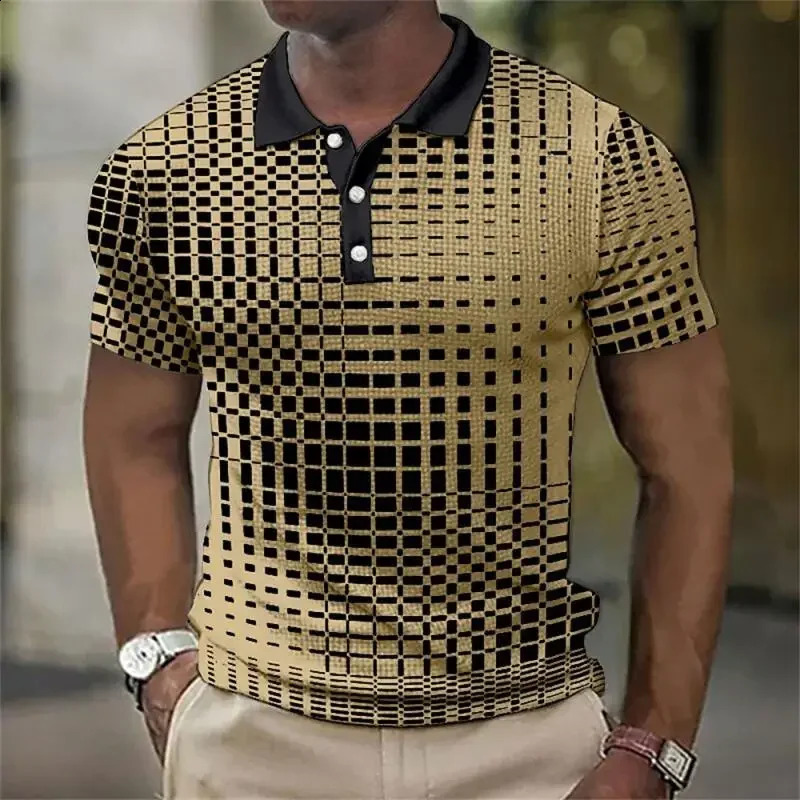 3D Digital Print Stripe Short Sleeve Polo Men Summer Casual Polo Shirt Button Lapel Polo Shirt Golf Polo Shirt Tops 240819