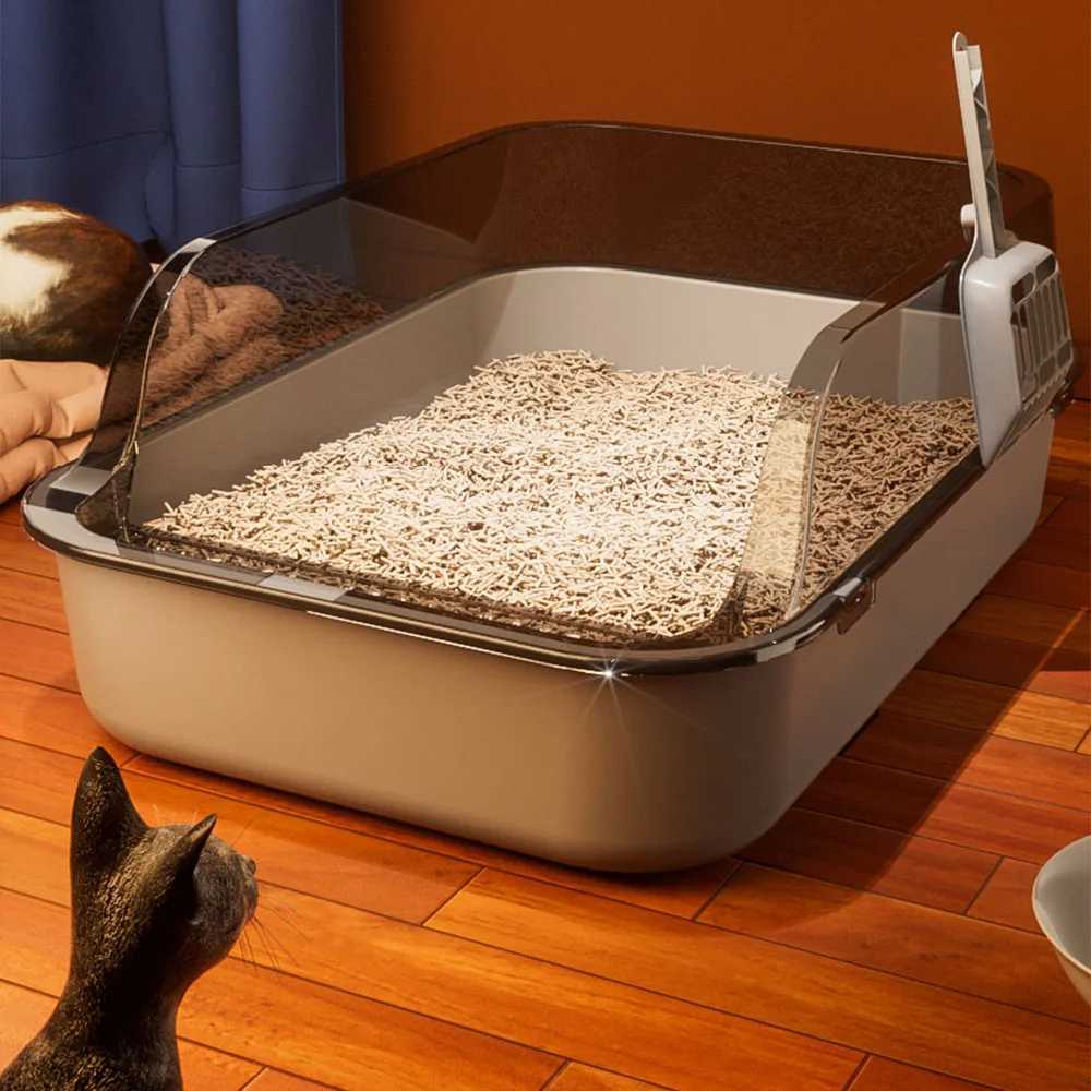 Cat Litter Box Semi Enclosed High Side Splashproof with Scoop 40x28x16cm Grey 2024 Model