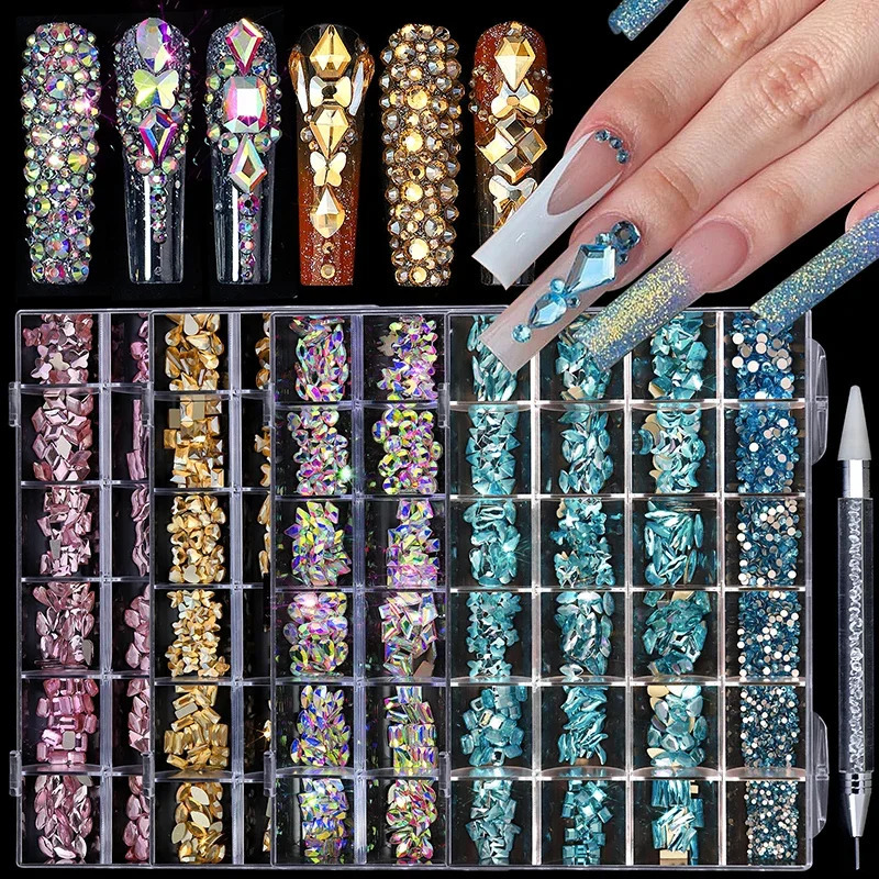 24grids Mixed Shapes Jewelry Shiny Diamond For Nail Art Decorations DIY Glass Crystal Set with Dot Drill Pen 240814