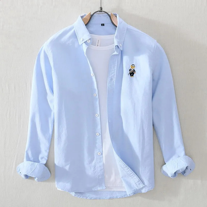 High Quality 100% Cotton Japanese Solid Color Casual Long Sleeved Shirt Little Bear Embroidery Fit Shirt Jacket GZ10