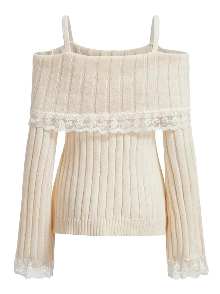 CHRONSTYLE Women Off Shoulder Sweaters Long Sleeve Lace Patchwork Knitted Ribbed Pullovers Front Bow Jumpers Top Streetwear 240819