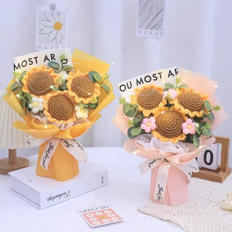 Finished Crochet Flowers Bouquet Handmade SunFlower Bouquet Valentines Gift Wedding Decor Knitted Flower Bouquet with Gift Bag 240819