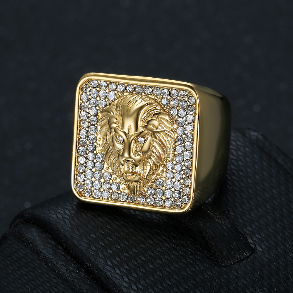 Hip Hop Lion Head Casting Ring Titanium Steel 18k Gold Plated Mens Jewelry