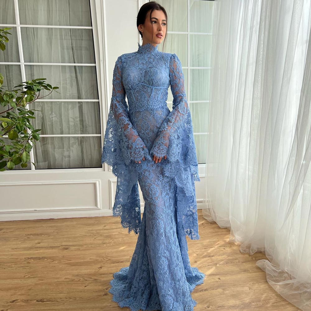 Elegant Arabic Lace Evening Dresses With Long Sleeves Prom Gowns Mermaid High Necke Or Length Muslim Formal Wear 0218