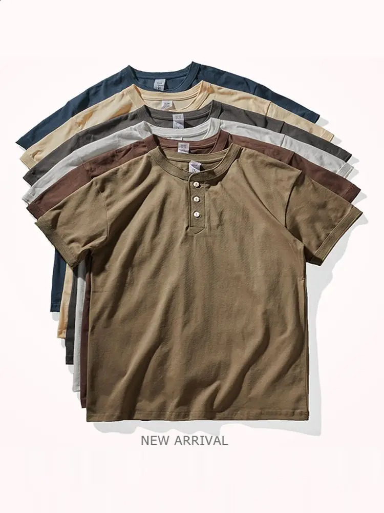 Summer American Retro Tough Guy Henry Collar T-shirt Mens Fashion Simple 100% Cotton Washed Short Sleeve Casual Sport Tops 240816