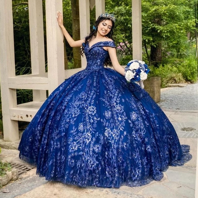 Navy Blue Quinceanera Sweet 16 Dress Princess Gown Applique Beading Sequined Birthday Party Prom Dresses Vestido De 15 Anos