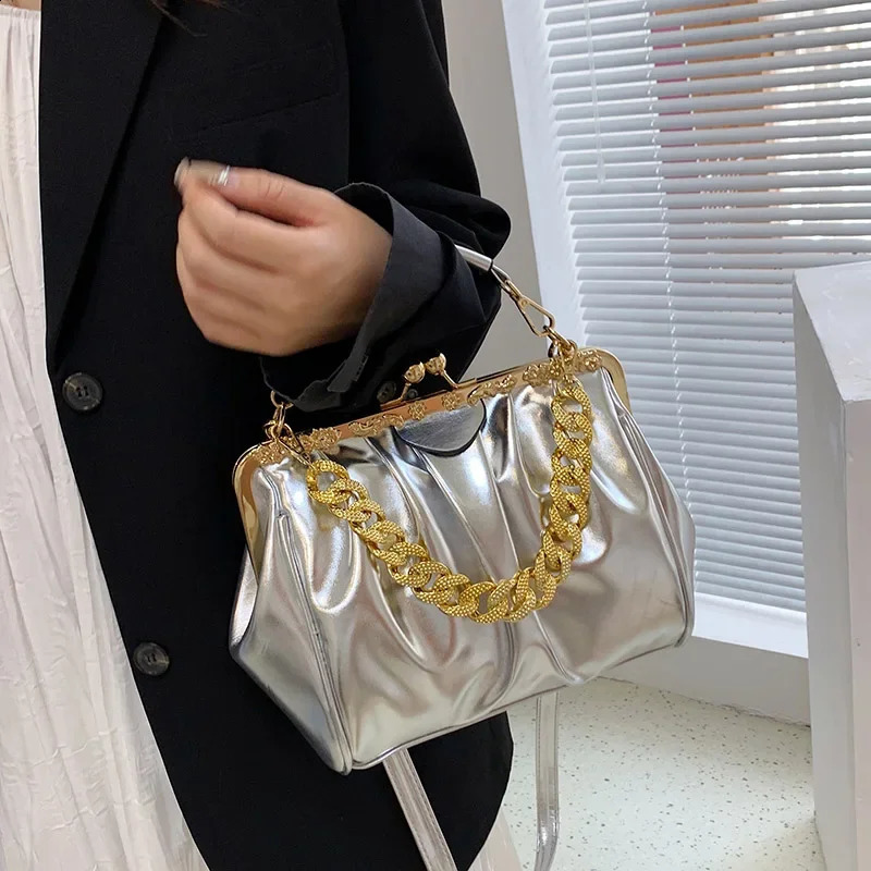 Womens Chain Shoulder Bag Kiss Lock Case Clip Womens Silver Blue Green Pu Leather Handbag and Wallet Friction Body Bag R250317