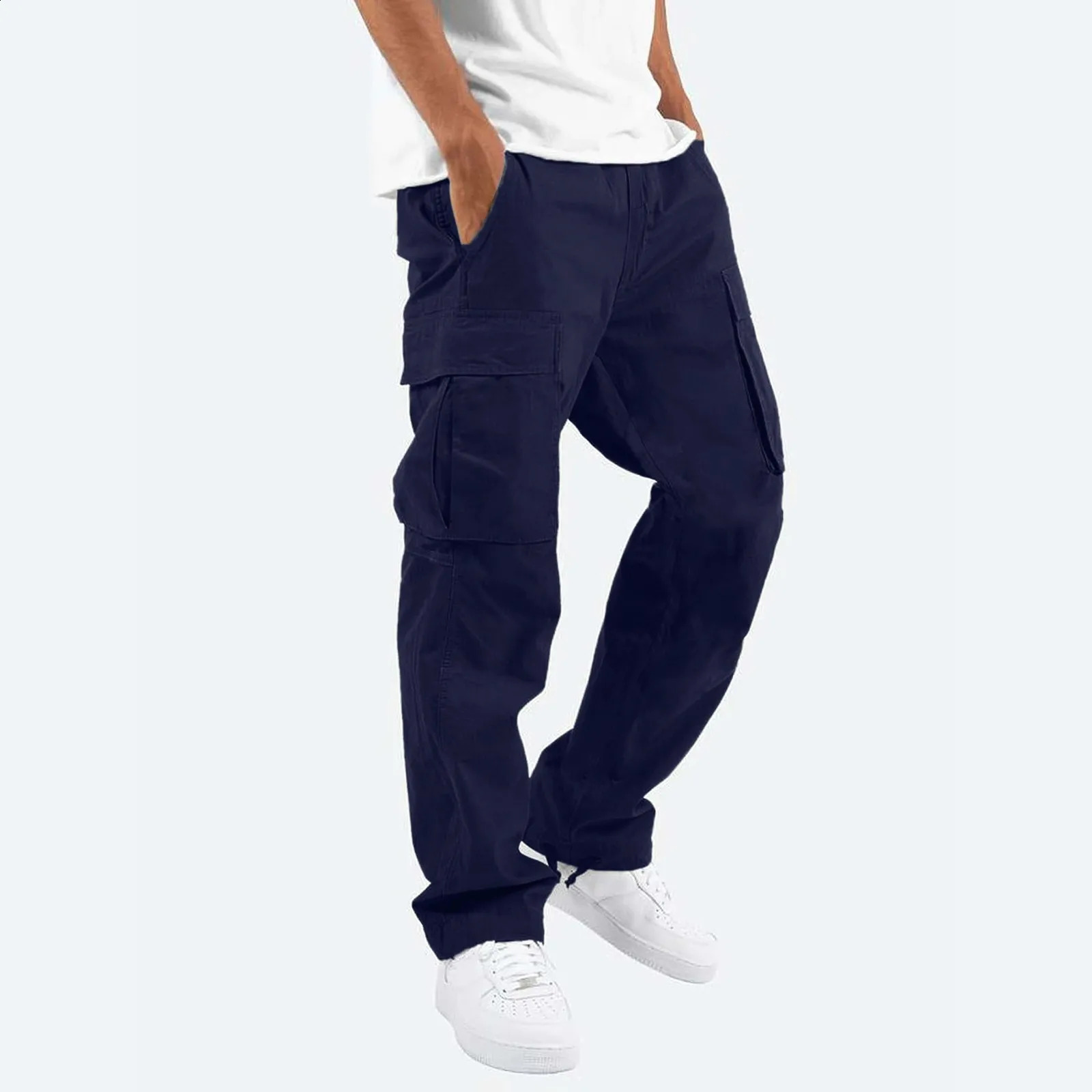 Mens Trousers Casual Slim Fit Cargo Pants Solid Color Pocket Straight Leg Work Long Bottom For Men Baggy Pantalones 240819