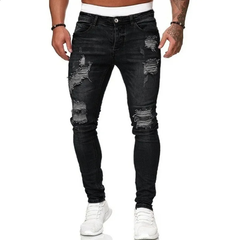 Fashion Streetwear Ripped Skinny Jeans Men Vintage Wash Solid Denim Trouser Mens Casual Slim Fit Pencil Denim Pants 240819