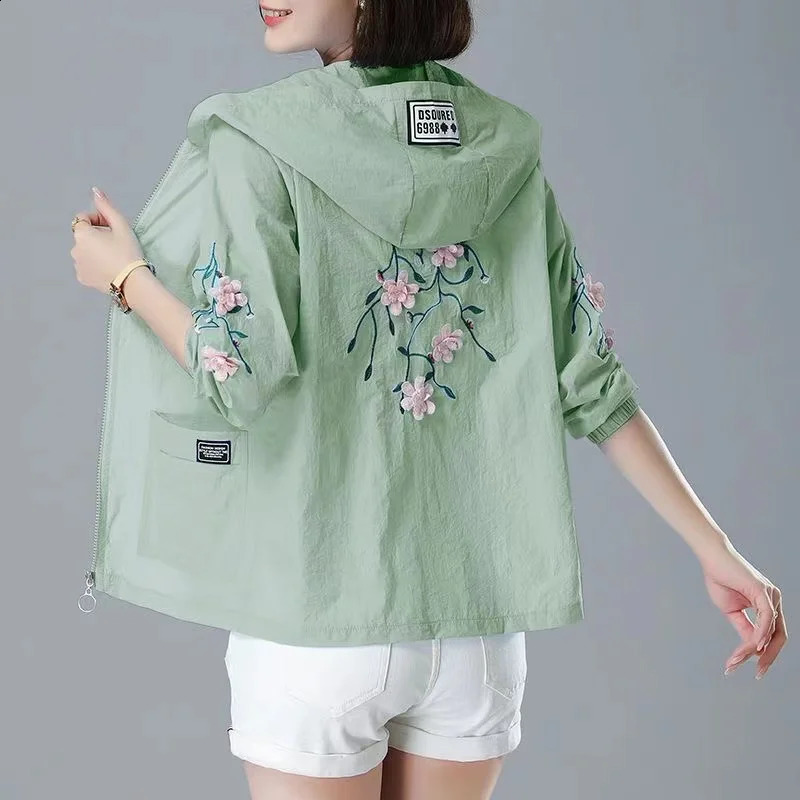 Embroidery Print Hooded Thin Coat Spring Summer Oversize 5xl Loose Jackets Women Casual Sun Protection Outwear Elegant Chaquetas 240819