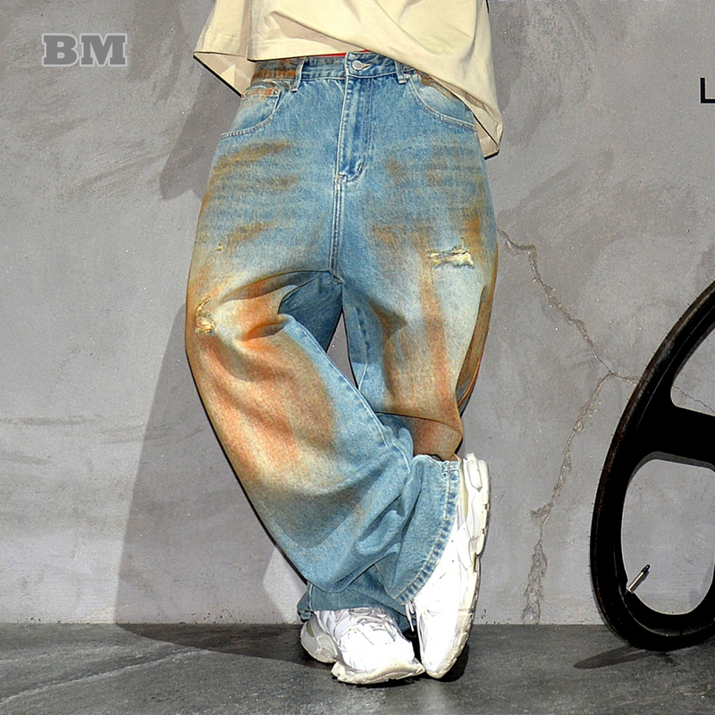 Korean clothing hiphop bag jeans mens Kpop Distressed Ripped denim cargo pants street 240816