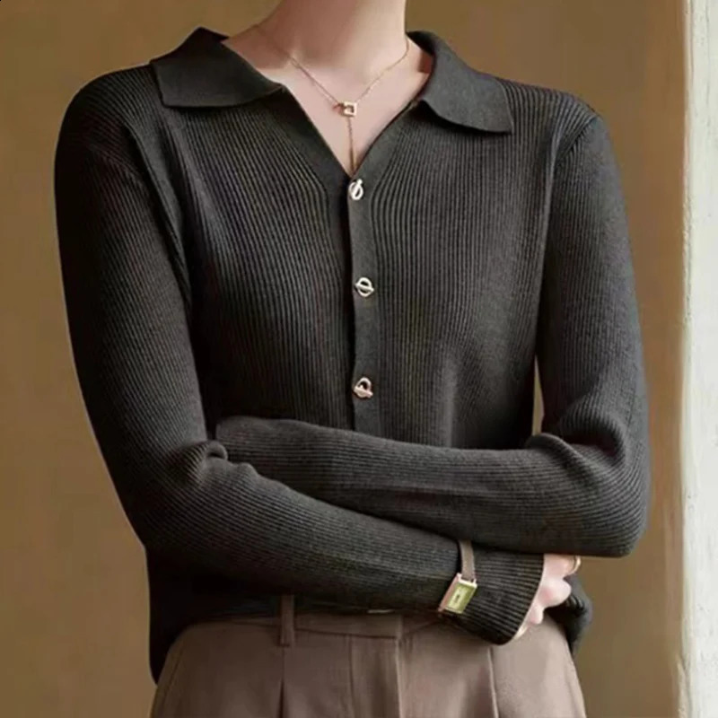 Autumn Womens Sportswear Solid Color Polo Neck Knitted Top Cardigan Wool Sweater Korean Version Long Sleeved Jacket
