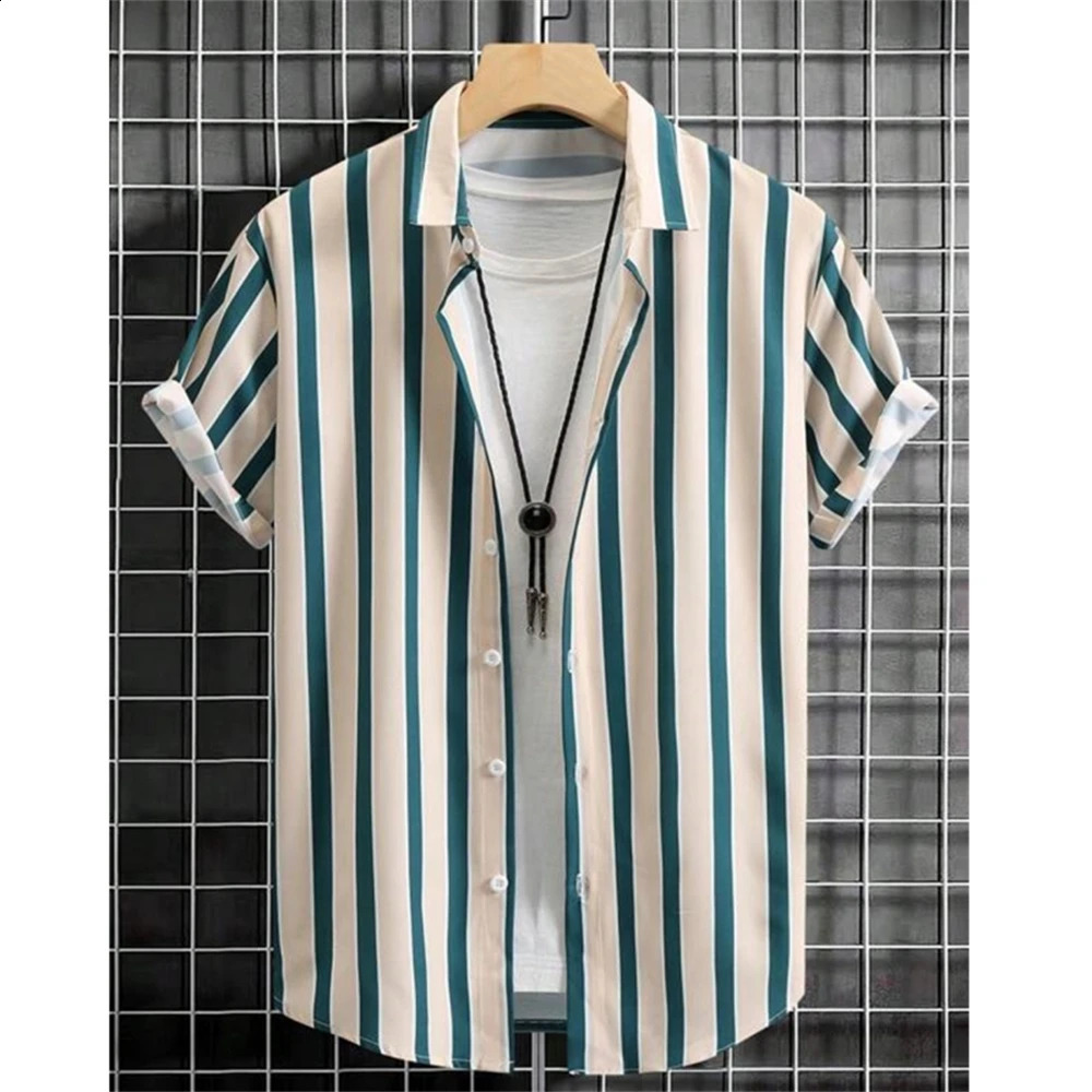 Striped Print MenS Shirt Summer Loose Casual Short Sleeve Shirts Simple Fashion High Quality Men Clothing Tops Hawaiian Shirts 240816
