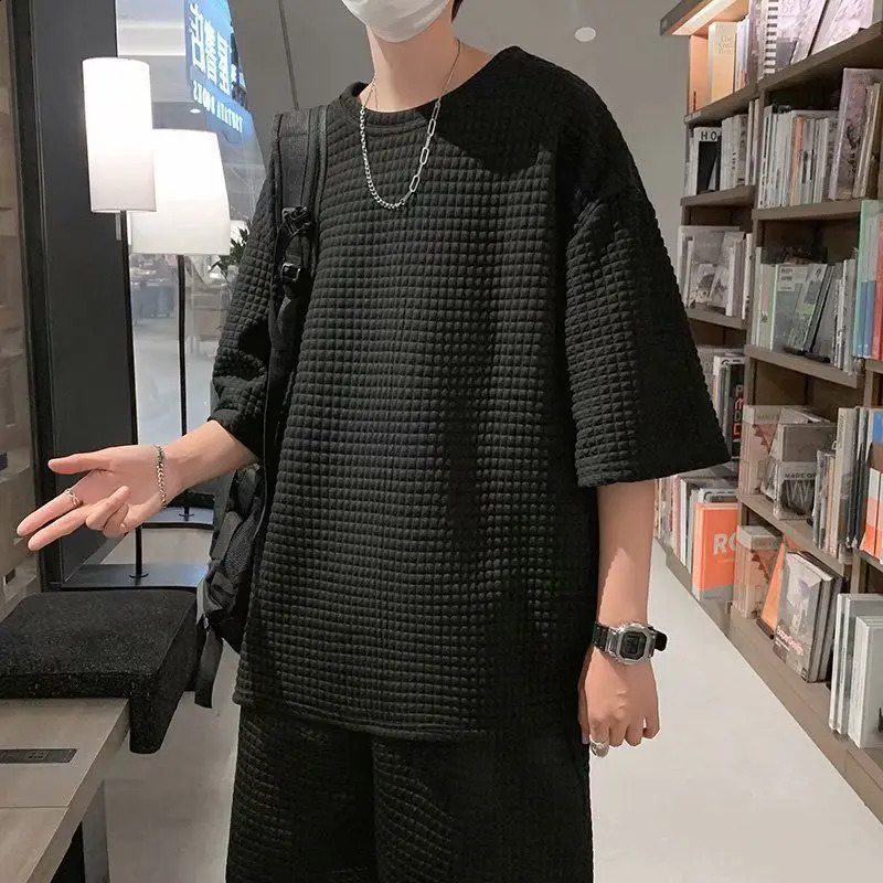 Mens Summer Waffle Two Piece Set Half Sleeve T-shirt Shorts Casual O-neck Hong Kong Style Loose Sports Fashion Suit 3 Colors 240816
