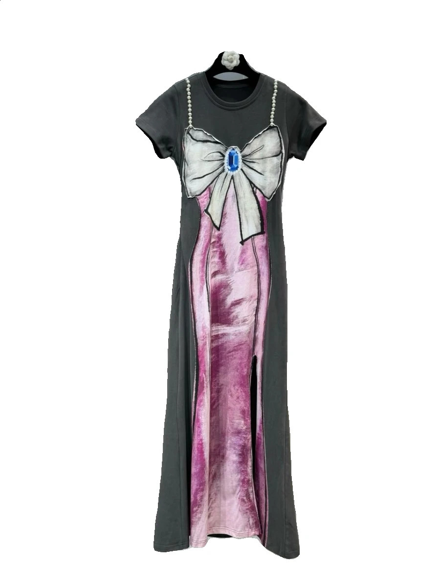 PREPOMP Spring Summer Arrival Short Sleeve Pearls Bow Print Distressed Long Dress Women GP331 240819