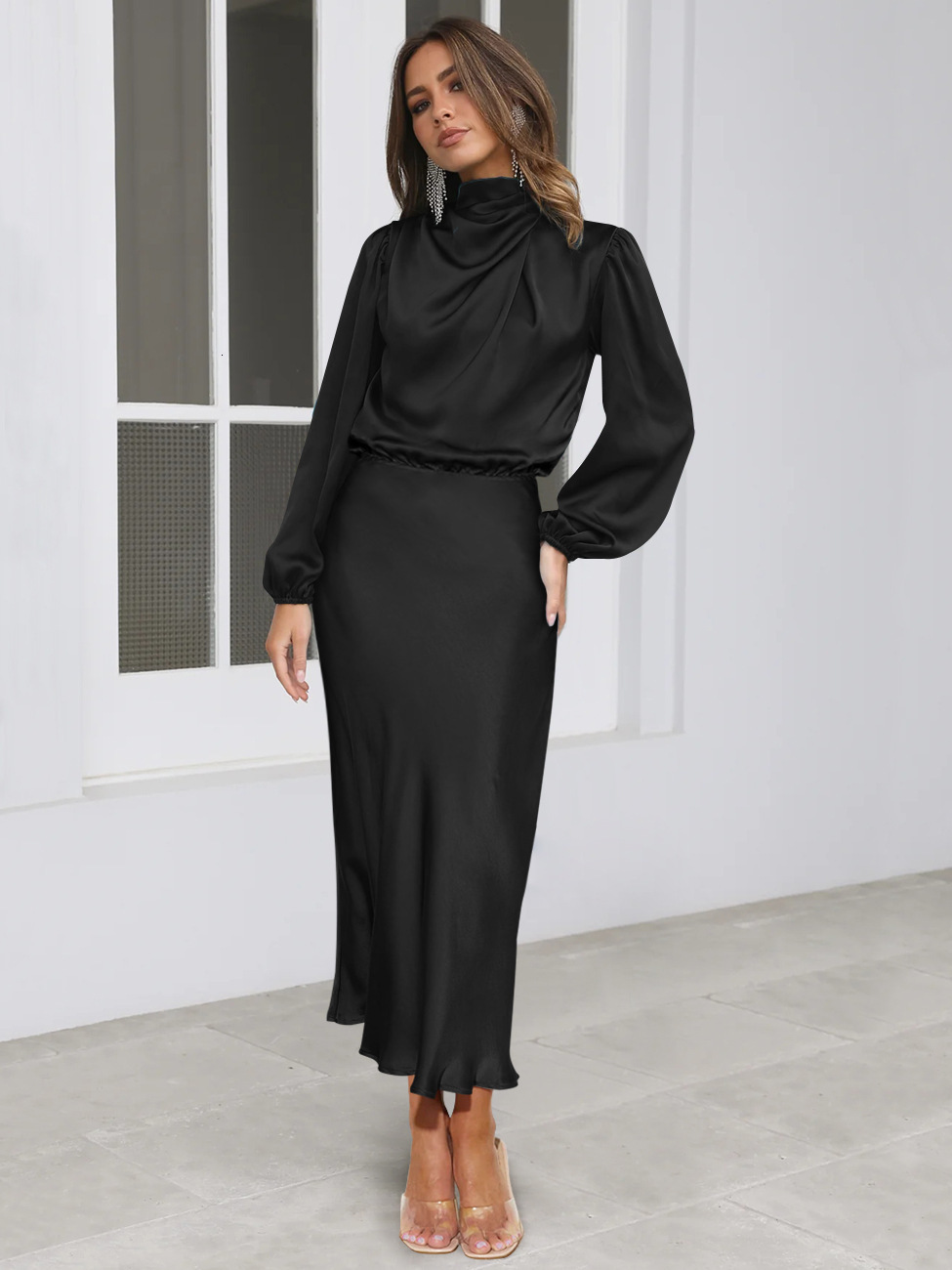 Autumn New High-end Satin Long Sleeved Loose Dress with Elegant Temperament Womens Evening Gift Dress