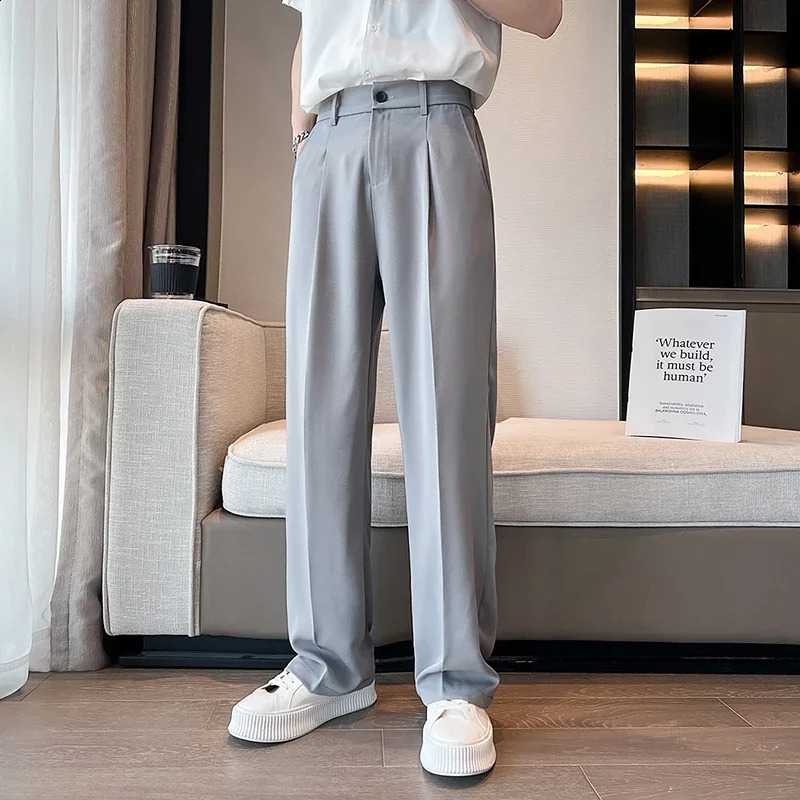 Men Suit Pants Solid Full Baggy Casual Wide Leg Trousers Black White High Waist Straight Bottoms Streetwear Oversize Pants 240819