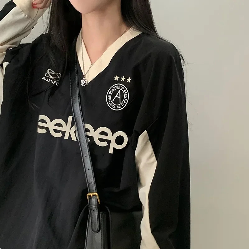 Letter Print American casual hoodie womens loose Vneck contrasting color fullcolor floral baseball top 240814