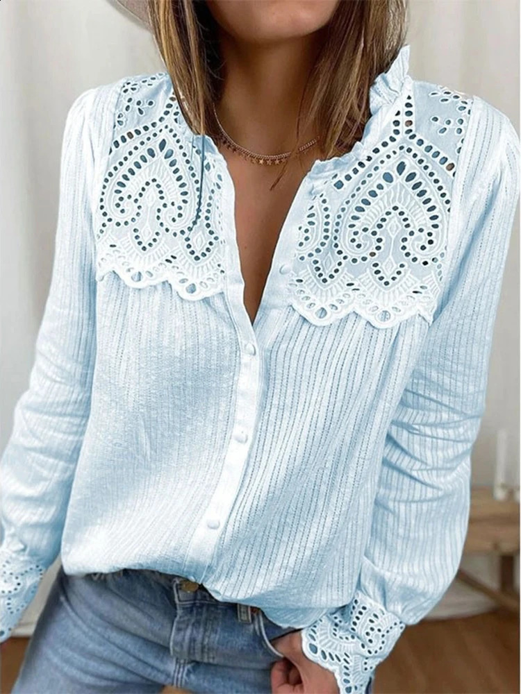 Elegant solid hollow lace shirt sexy womens lapel office single chest button up top 240814