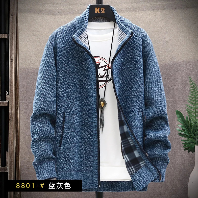 Mens Winter Autumn Fleece Sweater Zipper Cardigan Korean Warm Jacket Coat Sports Male Jumper Knit Clothing Brown Jacket 240816