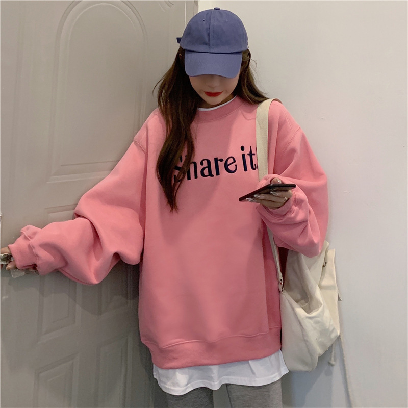2024 autumn and winter new Korean version letter embroidery fake two-piece thick velvet long sleeved sweatshirt women's pullover style top dc2b3