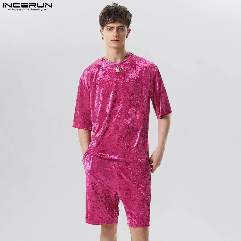 INCERUN Men Sets Velour Solid Color Streetwear Short Sleeve Pockets T Shirt Shorts 2PCS Loose Fashion Men Casual Suits 7 240816