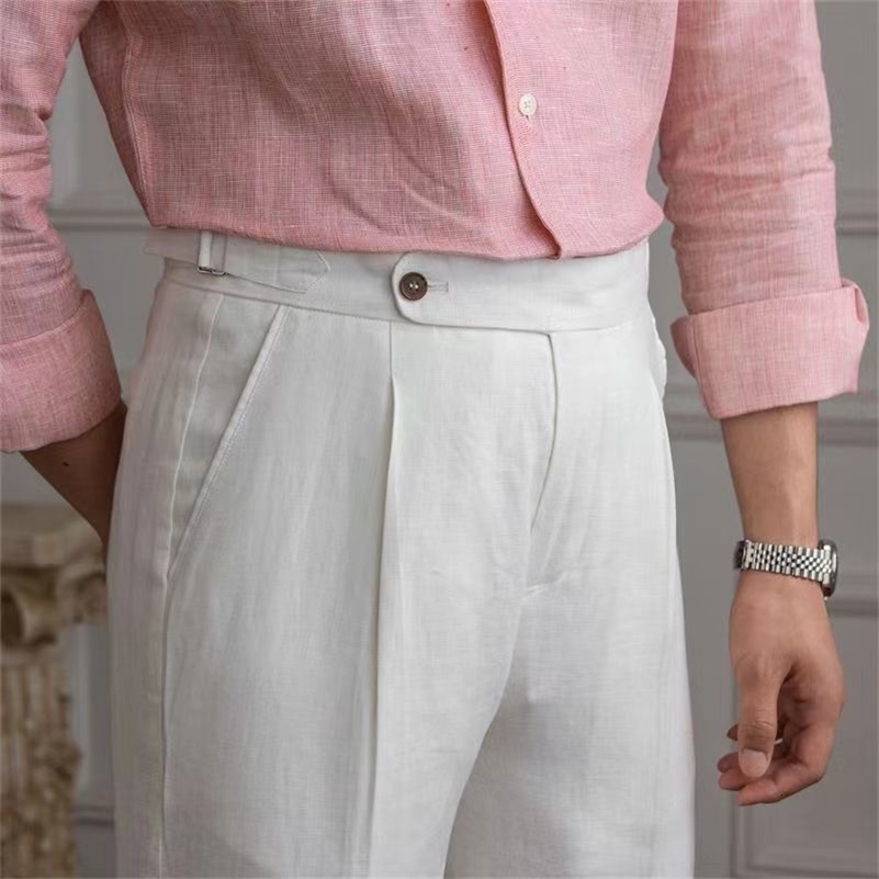 100% Linen Italian Naples Pants Men High Waist Straight Suit Trousers Spring Summer Fashion Lightweight Breathable Casual Pants 240819