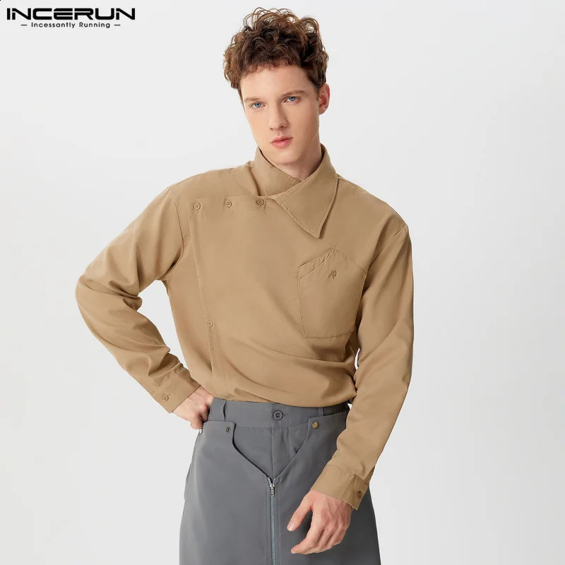 Casual Simple Style Tops INCERUN Mens Diagonal Placket Solid Simple All-matcg Blouse Handsome Male Long Sleeved Shirts S-5XL 240816