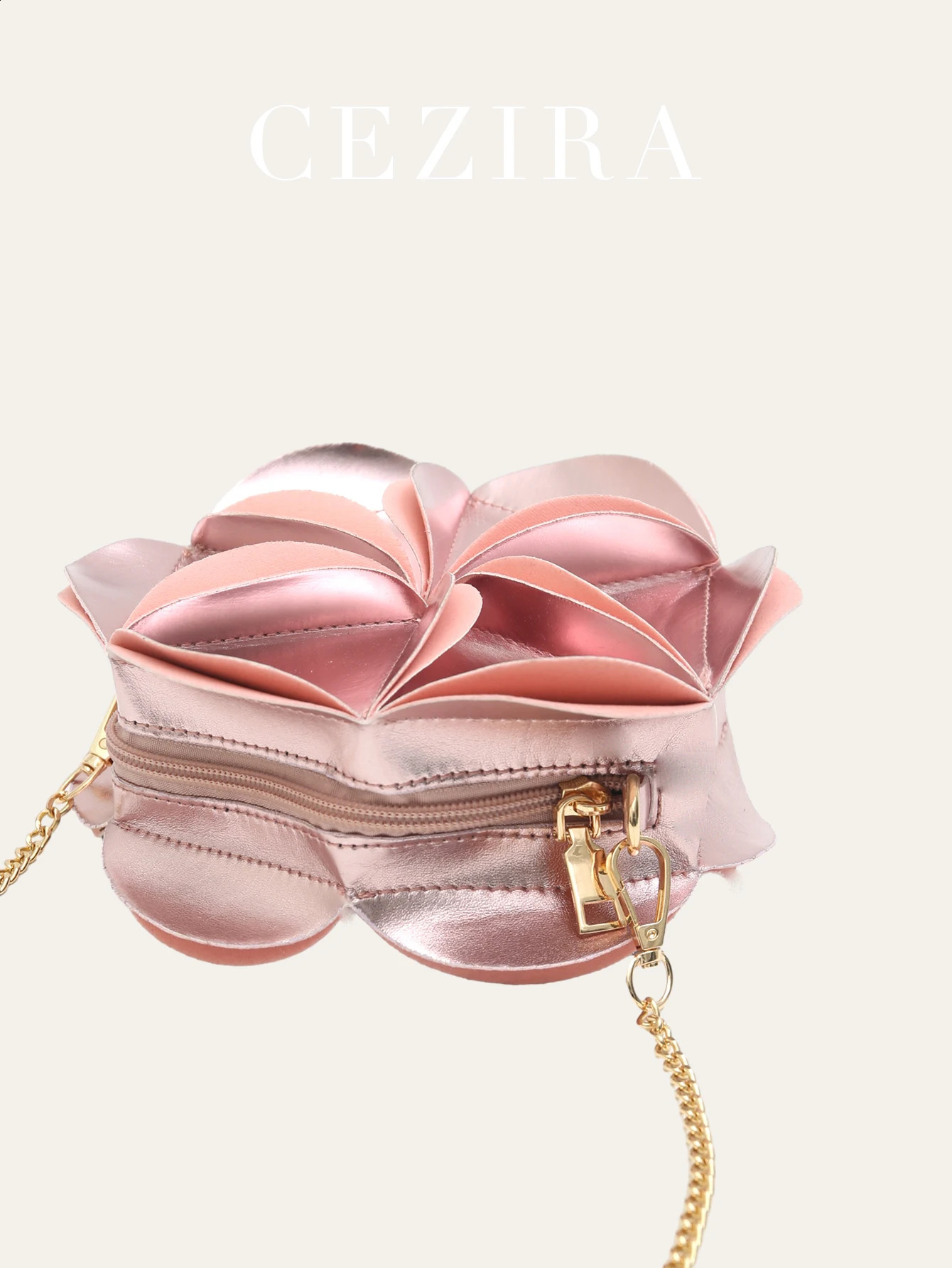 CEZIRA Metal Rose Gold PU Leather Handbag Womens Fashion Pet Stickers Small Round wer Wallet Long Chain Cross Body Bag 240819 zhanyishengli