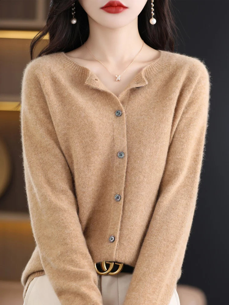 Women O-Neck Cashmere Cardigan 100% Merino Wool Sweater Buttoned Long Sleeve Knitwear For Spring Autumn Solid Basic Top Clothing 240824