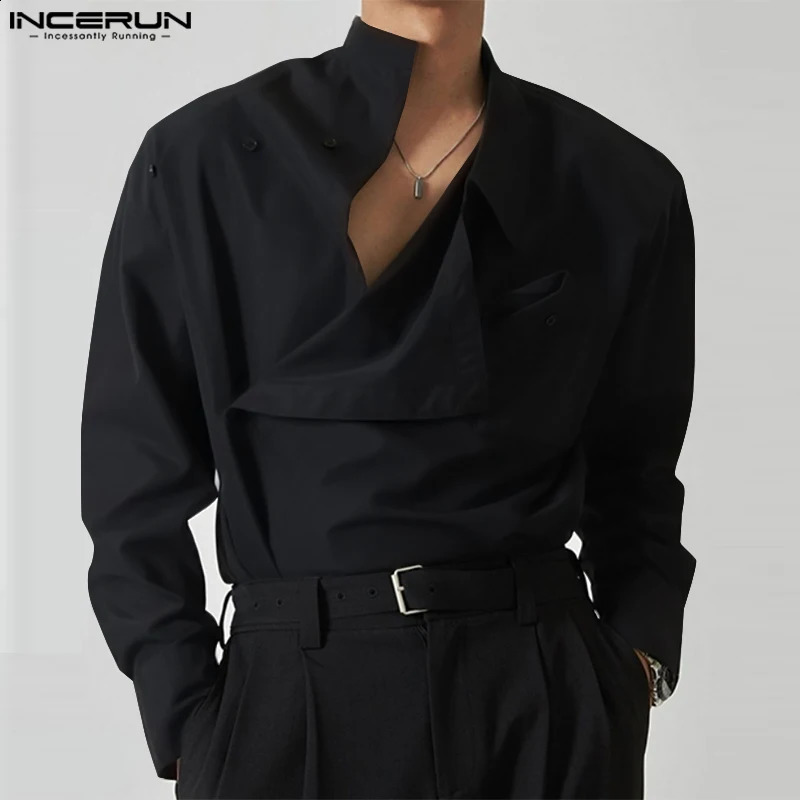 INCERUN Tops Korean Style Mens Diagonal Placket Solid Simple All-match Blouse Fashion Casual Long Sleeved Shirts S-5XL 240816