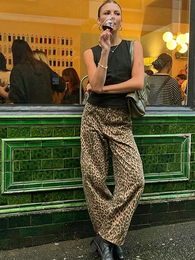 Y2k Leopard Pattern Womens Pants Spring Chic Loose High Waist Wide Leg Black Fashion Street Jean Trousers 240819