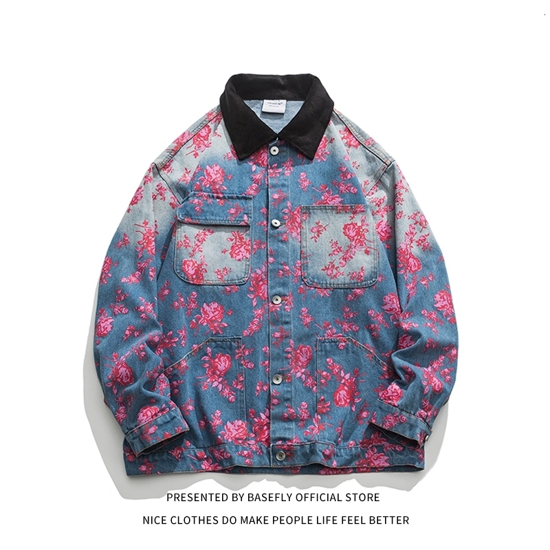 Autumn Spring Flower Rose Print Denim Jean Jacket Unisex Men Baseball Bomber Unisex Women Varsity Coat High Street Cotton Chic 240816
