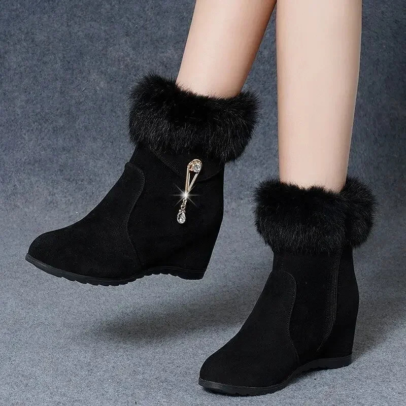 Winter Fashion Women Wedges Ankle Boots Increasing Height Shoes High Heels Booties Metal Rhinestone Botas Mujer 2024 240809