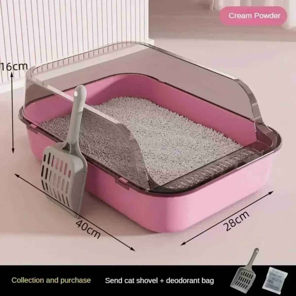 Cat Litter Box Semi Enclosed High Side Splashproof with Scoop 40x28x16cm Grey 2024 Model