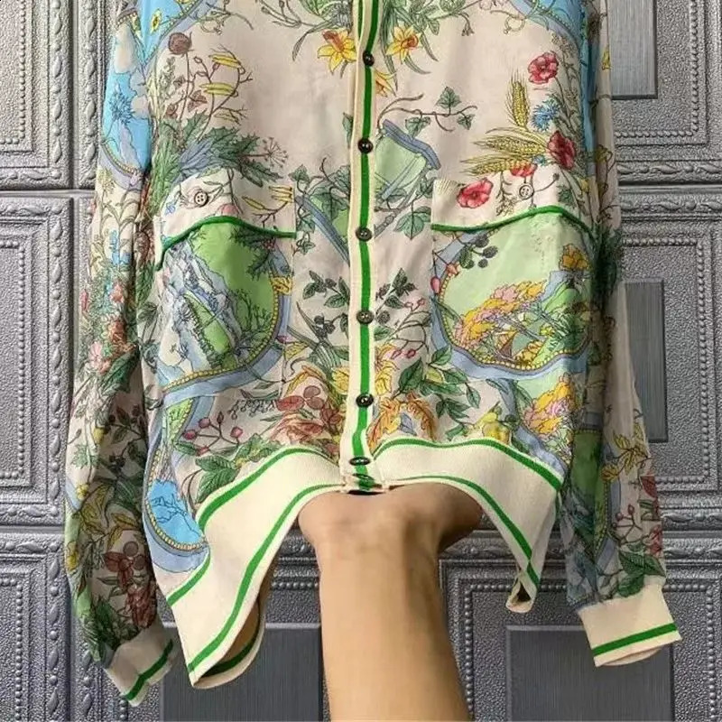 Limiguyue Spring Autumn Green Printed Floral Cardigan Women Patchwork Knit Thin Silk Coat Long Sleeve Big Pocket Jacket F388 240819