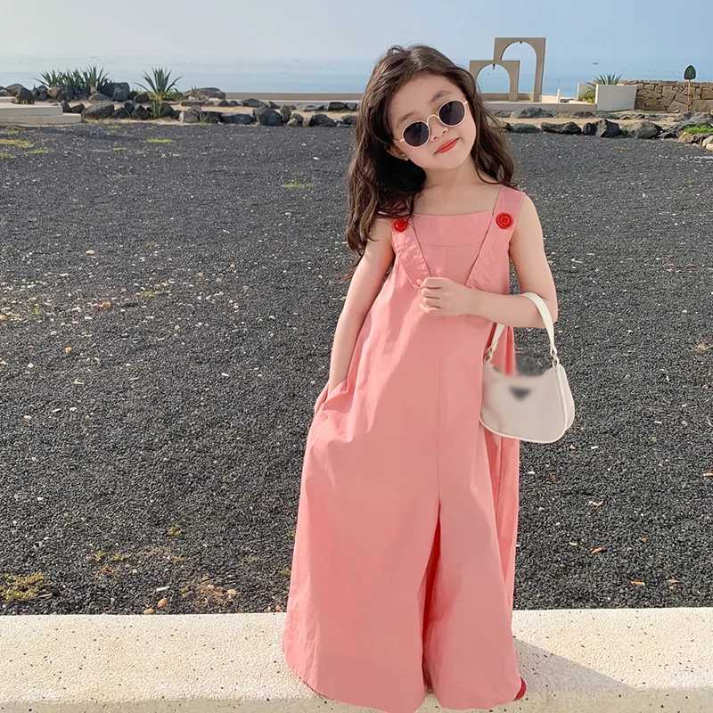 Childrens clothing for girls 100% pure cotton loose top fashionable Korean style outdoor casual harem pants childrens jumpsuit 3-8Y W240806