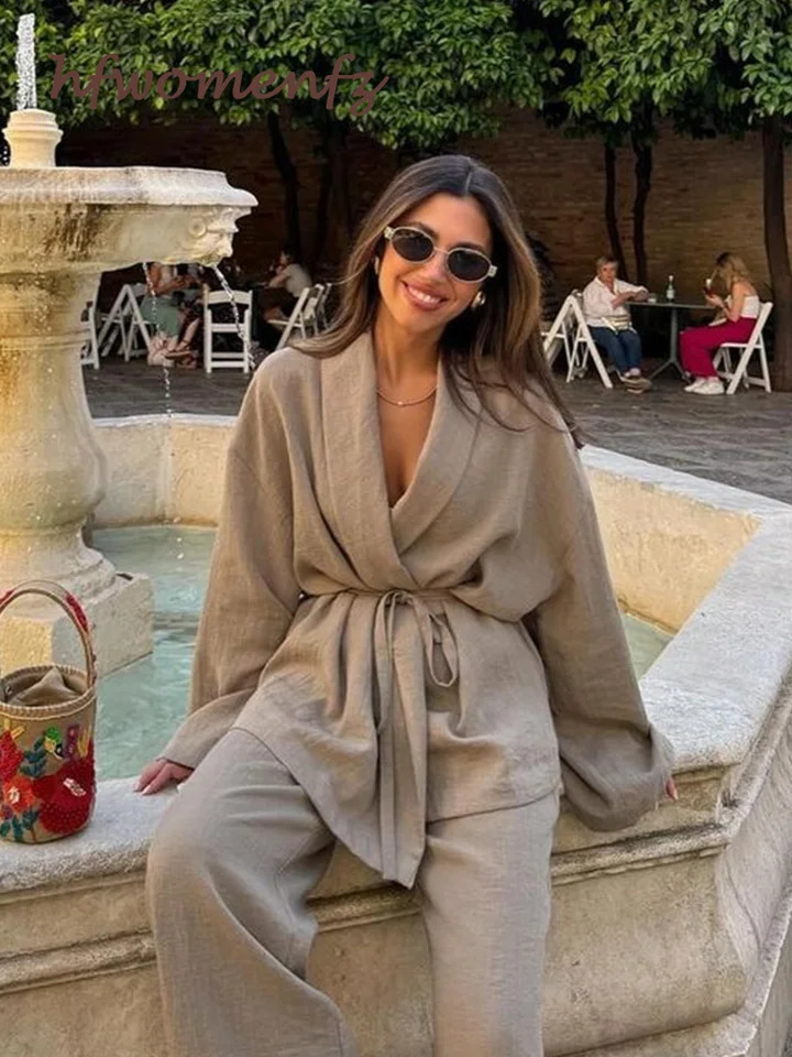 Womens casual lace up 2-piece lapel long sleeved shirt fashionable womens set 2024 spring loose brushed wide leg pants set 240819
